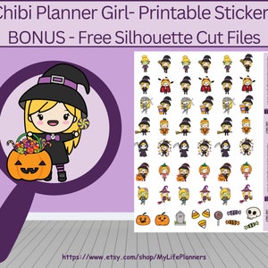 Halloween Blonde Chibi Planner Girl Printable Stickers, Planner Stickers, Printable Stickers, Letter 8.5 x 11, PDF Digital Download
