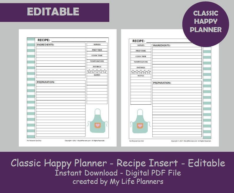 CLASSIC Happy Planner Recipe Insert Editable Printable Happy - Etsy