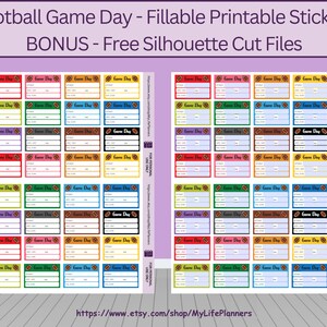 May include: A sheet of fillable printable stickers for football game day, with a range of colours. Each sticker has space for details. The text "Football Game Day - Fillable Printable Stickers" is at the top.