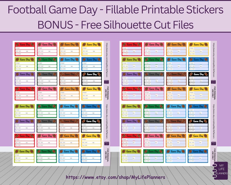 May include: A sheet of fillable printable stickers for football game day, with a range of colours. Each sticker has space for details. The text "Football Game Day - Fillable Printable Stickers" is at the top.