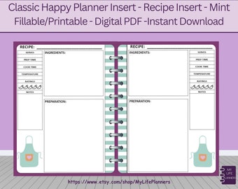 Mint Recipe Insert: Fillable Classic Happy Planner (PDF Download)