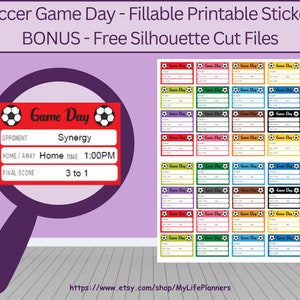 May include: Printable soccer game day stickers with a red, white, and black design. The stickers are fillable and include a soccer ball graphic. The text on the sticker says "Game Day".
