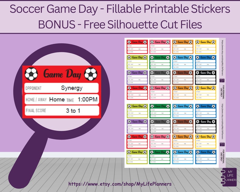 May include: Printable soccer game day stickers with a red, white, and black design. The stickers are fillable and include a soccer ball graphic. The text on the sticker says "Game Day".