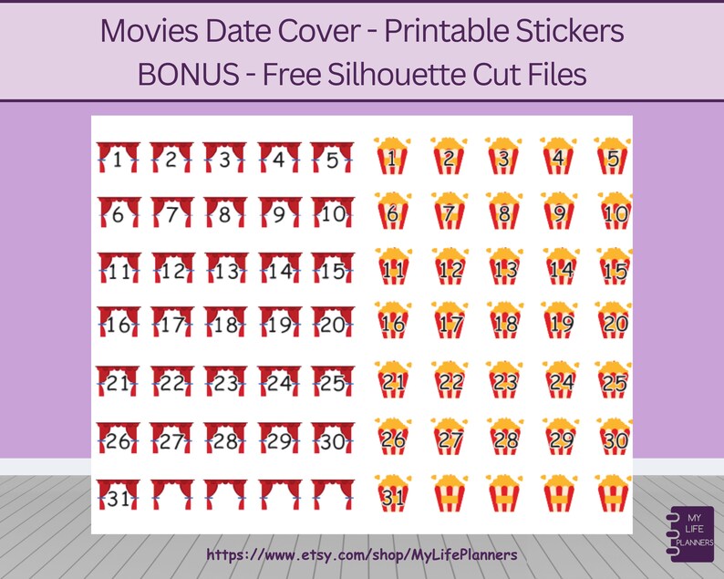 Date Cover Stickers, Movies, Countdown Stickers, Number Stickers, Planner Stickers, Printable, PDF Digital Download image 2