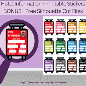 Hotelinformationen Planer Aufkleber, Druckbare Planner Aufkleber, Hotel Aufkleber, Koffer, MAMBI, KLASSIKER Happy Planner, PDF-Download