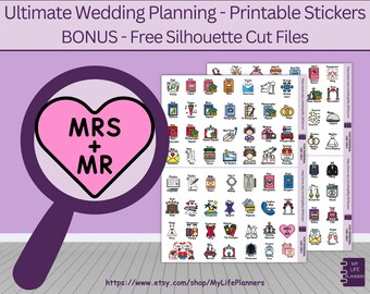 May include: A digital sheet of printable wedding planning stickers featuring colorful icons for tasks like dress shopping, venue booking, and catering. A large purple magnifying glass graphic with a pink heart and the text MRS + MR overlays the left side.