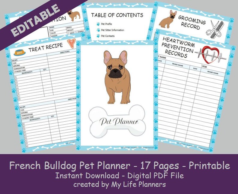 French Bulldog Pet Planner Pet Care Records Pet Information | Etsy