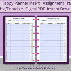 Assignment Tracker, Insert, Fillable, Printable, Homework Tracker, Planner, MINI Happy Planner Inserts, PDF Download image 2