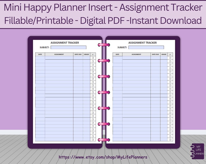 Assignment Tracker, Insert, Fillable, Printable, Homework Tracker, Planner, MINI Happy Planner Inserts, PDF Download image 2