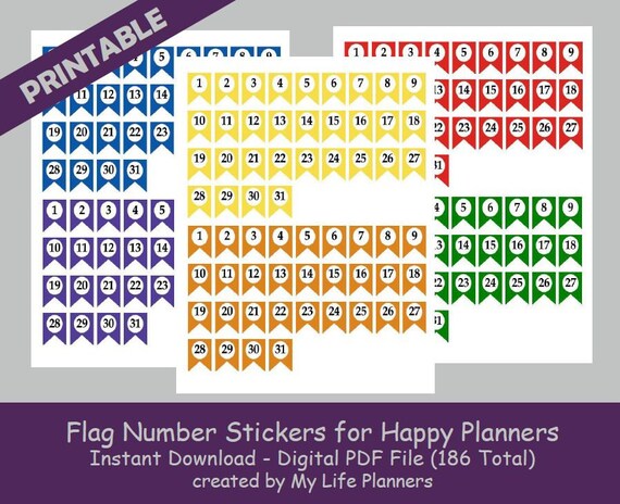 Flag Number Stickers for Happy Planner Printable Planner - Etsy