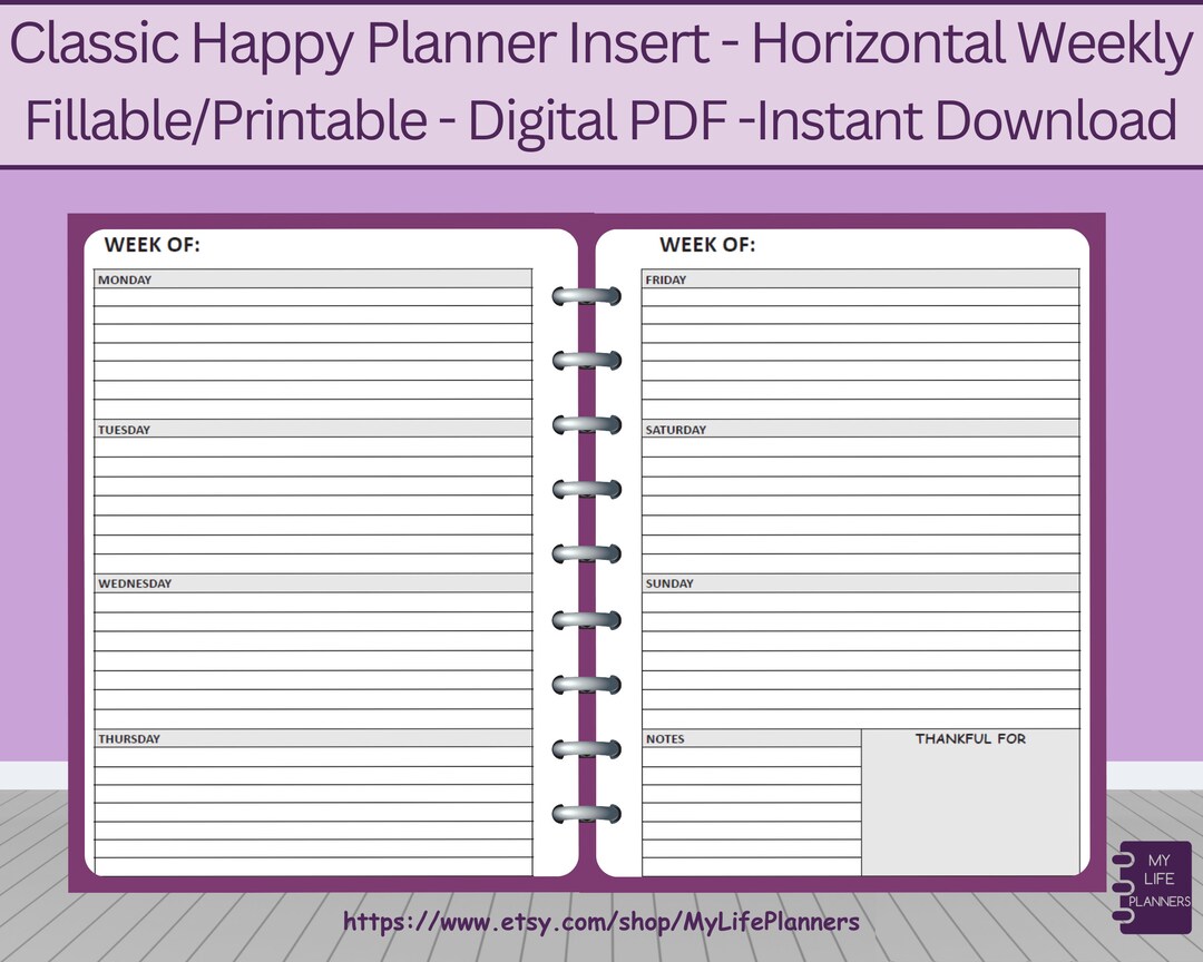 Horizontal Weekly, Fillable, Printable, Undated, Insert, CLASSIC Happy ...