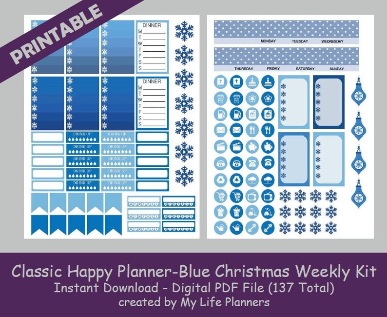 Blue Christmas CLASSIC Happy Planner Printable Stickers | Etsy