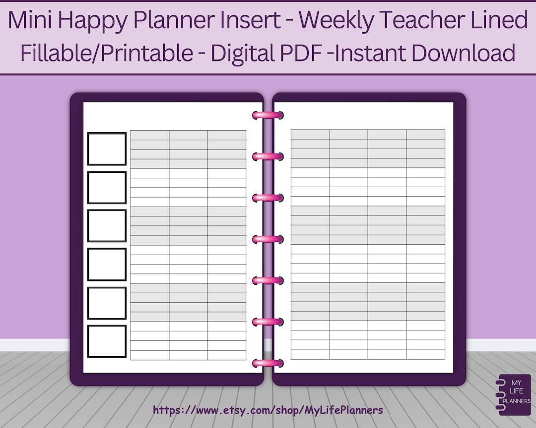 Vertical Week Teacher Lined 6 Box Insert, Fillable, Printable, Planner ...