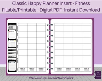 Inserciones de Fitness Happy Planner, imprimibles, rellenables, inserciones de fitness Happy Planner, inserciones CLASSIC Fitness Happy Planner, descarga en PDF