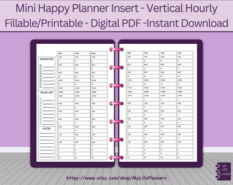 May include: A digital PDF Mini Happy Planner insert with a vertical hourly layout. The planner pages are white with black text, featuring sections for priorities, to-do lists, and notes. The planner is bound with pink rings and has a purple cover.