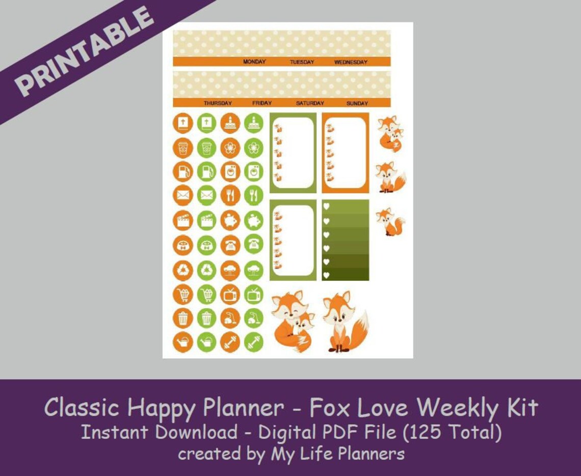 Fox Love CLASSIC Happy Planner Printable Stickers Weekly | Etsy