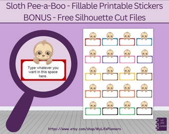Sloth Peek A Boo Label Stickers, Printable Stickers, Planner Stickers, Happy Planner, Erin Condren, Purple, PDF Digital Download-Fillable