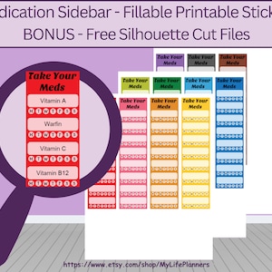 Puede incluir: Pegatinas imprimibles para recordatorios de medicamentos con un diseño colorido. Las pegatinas están etiquetadas con "Toma tus medicamentos" y tienen un espacio para escribir el nombre del medicamento. Las pegatinas están diseñadas para ser usadas en un planificador o diario.
