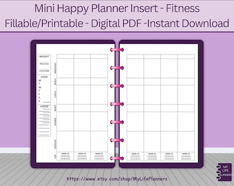 Mini Fitness Happy Planner Inserts, Fillable Printable (PDF Download)