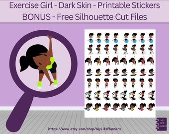 Fitness Exercise Stickers, Dark Skin, Printable Stickers, Planner Stickers, Happy Planner, Erin Condren, PDF Digital Download
