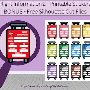 Adesivos de planejador de informações de voo, adesivos de planejador para impressão, adesivos de avião, mala, MAMBI, CLASSIC Happy Planner, download de PDF
