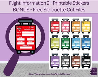 Flight Information Planner Stickers, Printable Planner Stickers, Airplane Stickers, Suitcase, MAMBI, CLASSIC Happy Planner, PDF Download