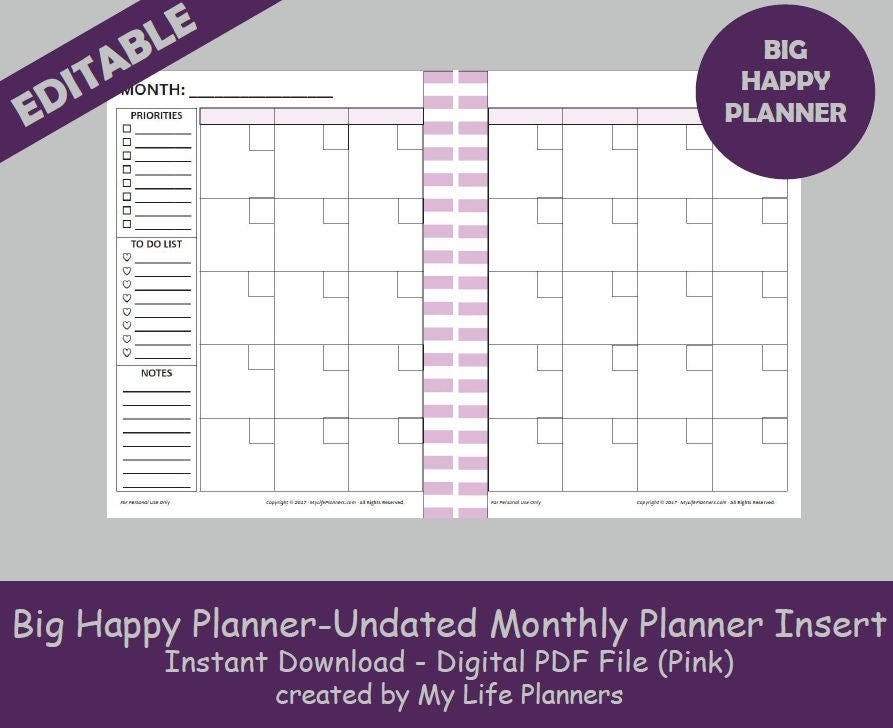 Undated Monthly Planner Insert Printable Insert Calendar Etsy