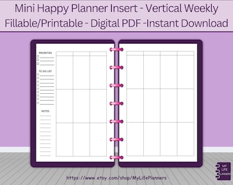 Verticaal wekelijks, invulbaar, afdrukbaar, planner inlegvel, MAMBI MINI Happy planner inlegvel, pdf-download