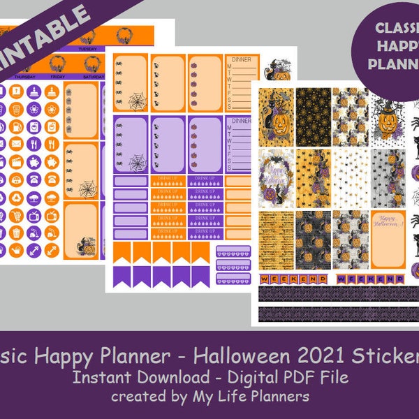 Halloween 2021 Weekly Sticker Kit, Planner Kit. Planner Stickers, Printable Stickers, CLASSIC Happy Planner, Instant PDF Download