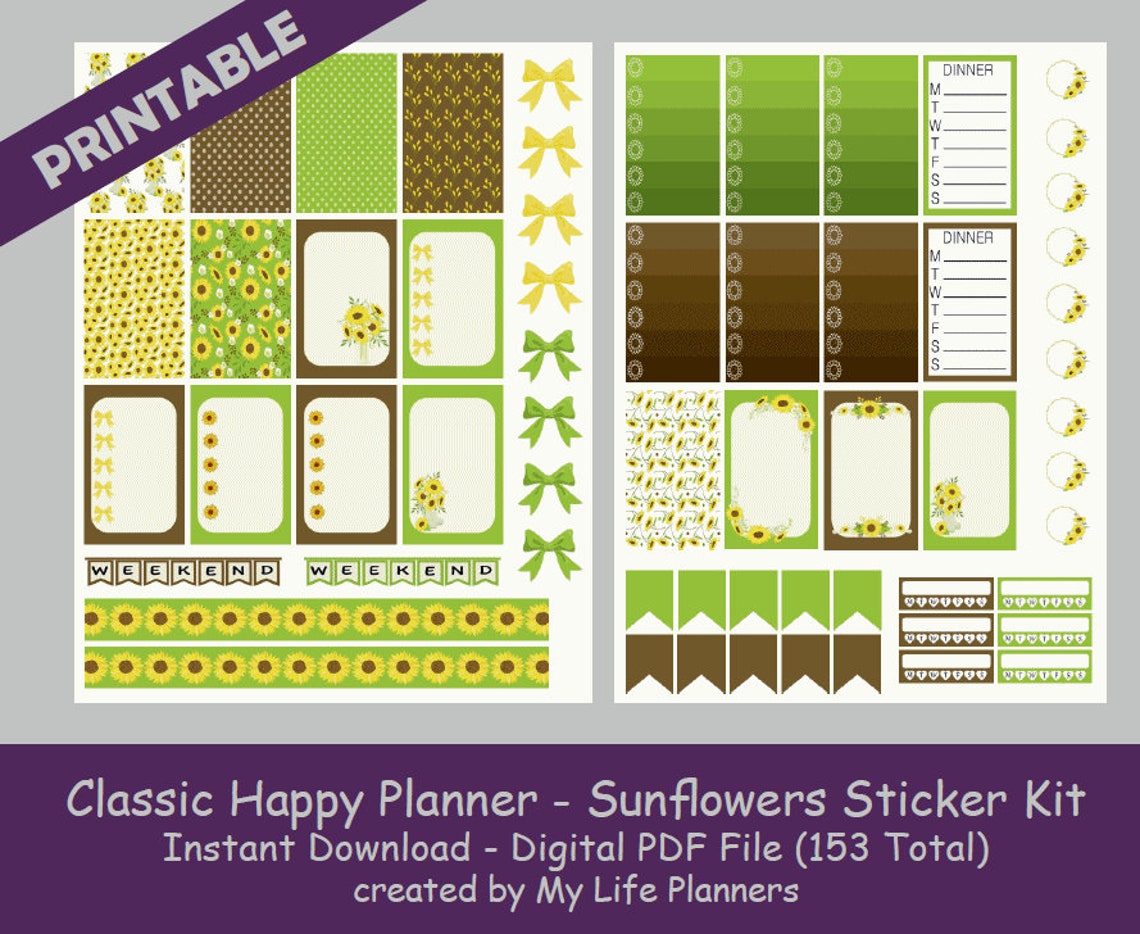 Sunflowers CLASSIC Happy Planner Printable Stickers Weekly - Etsy