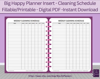 Inserción del programa de limpieza semanal, rellenable, imprimible, inserción del planificador, inserciones GRANDES del planificador feliz, descarga en PDF