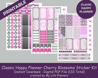 Cherry Blossoms Weekly Kit, Planner Stickers, Printable Stickers, Pink, Grey, CLASSIC Happy Planner, Instant PDF Download