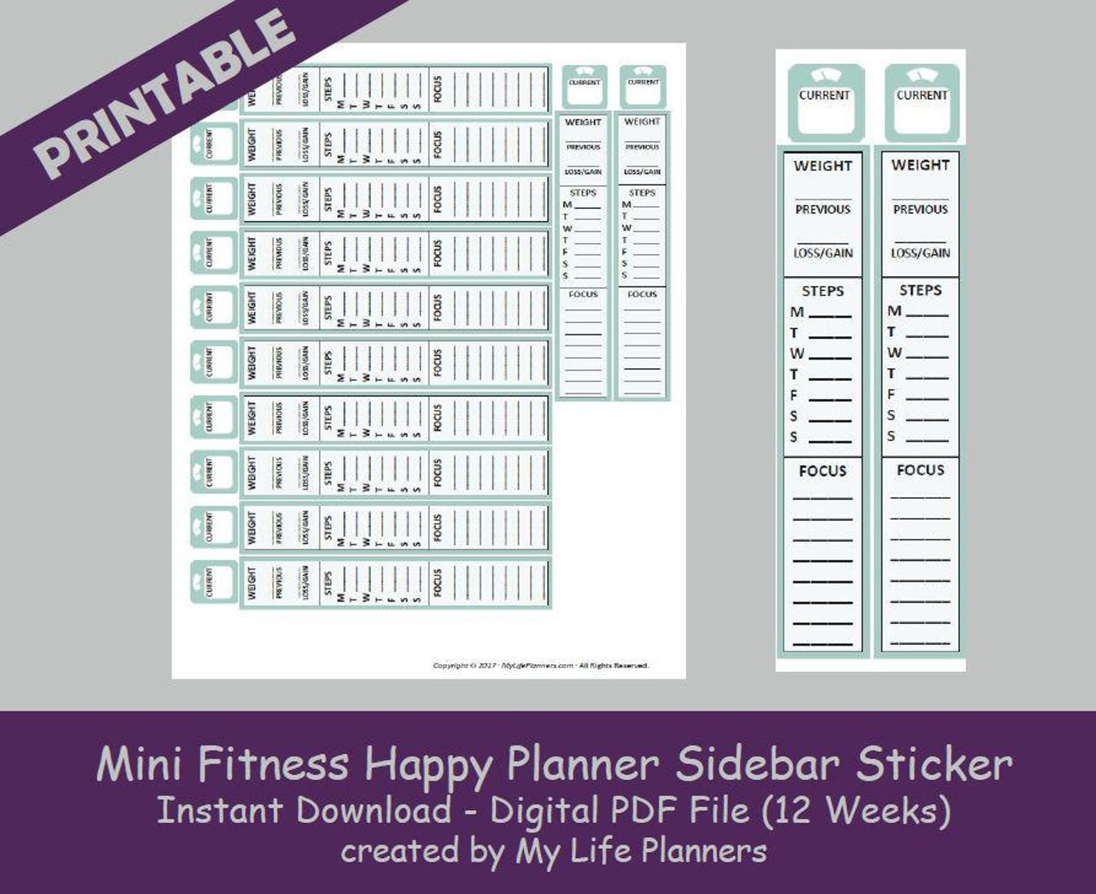 MINI Fitness Happy Planner Sidebar Stickers Mint Printable Etsy
