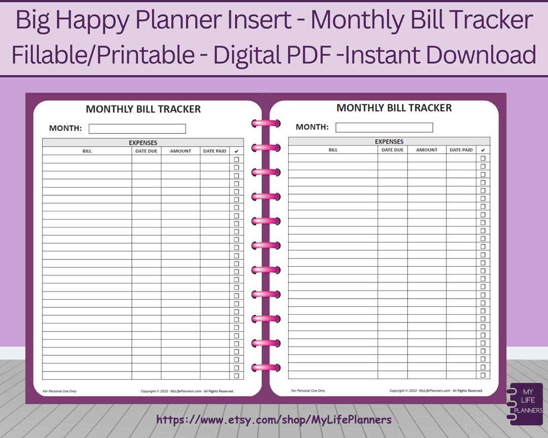 Monthly Bill Tracker, Printable, Fillable, Planner Insert, BIG Happy ...