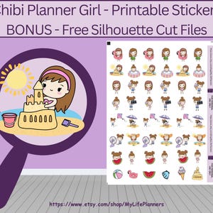 Pegatinas imprimibles de chica chibi con cabello castaño claro de verano, pegatinas para planificador, pegatinas imprimibles, tamaño carta 8,5 x 11, descarga en PDF