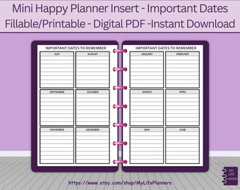 Birthday, Anniversary, Important Dates, Fillable, Printable Inserts, MINI Happy Planner, PDF Download