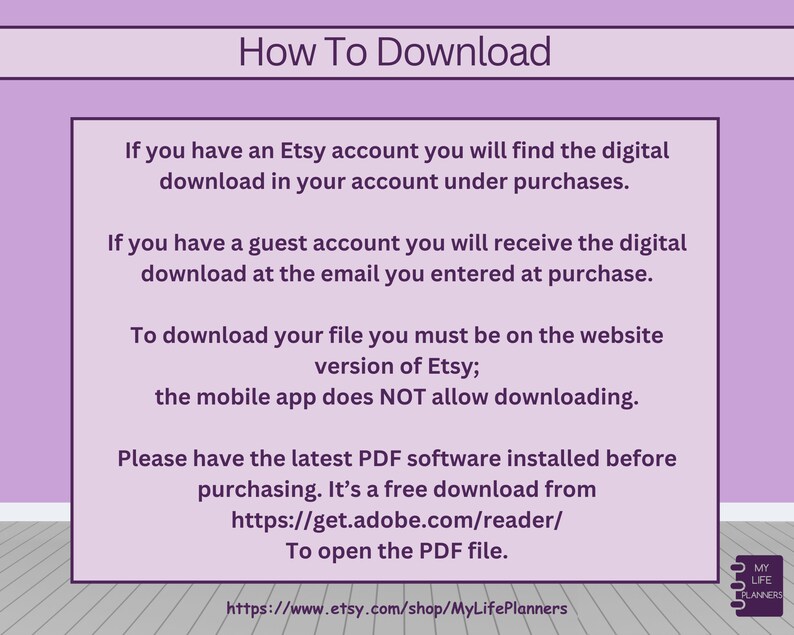 Może przedstawiać: Fioletowe tło z białym tekstem wyjaśniającym, jak pobrać pliki cyfrowe z Etsy. Tekst zawiera instrukcje dla posiadaczy kont Etsy i posiadaczy kont gościnnych. Wyjaśnia r&oacute;wnież, że aplikacja mobilna nie zezwala na pobieranie i że do otwarcia pliku wymagane jest najnowsze oprogramowanie PDF. Tekst zawiera link do pobrania bezpłatnego oprogramowania PDF. Tekst zawiera r&oacute;wnież link do sklepu Etsy.