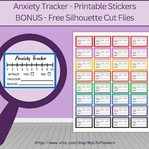 Pode incluir: Adesivos imprimíveis para um rastreador de ansiedade. Cada adesivo apresenta uma escala numerada de 1 a 10, com espaços para "Ataque", "Gatilho" e "Humor". Os adesivos são de várias cores, incluindo vermelho, laranja, amarelo, verde, azul, roxo e preto.