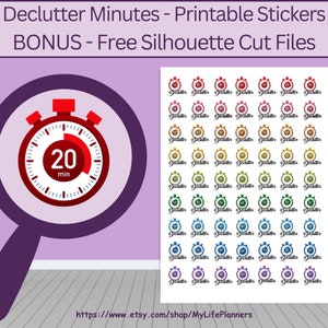 Könnte beinhalten: Ein Satz von 36 druckbaren Aufklebern mit einem roten, gelben, grünen, blauen und violetten Timer mit dem Text "Declutter Minutes" und einer 20-Minuten-Timergrafik. Die Aufkleber sind für die Verwendung in einem Planer oder Tagebuch gedacht.