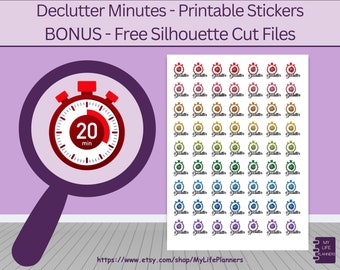 May include: A set of 36 printable stickers featuring a red, yellow, green, blue, and purple timer with the text "Declutter Minutes" and a 20-minute timer graphic. The stickers are designed for use in a planner or journal.