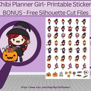 Halloween Redhead Chibi Planner Girl Printable Stickers, Planner Stickers, Printable Stickers, Letter 8.5 x 11, PDF Digital Download