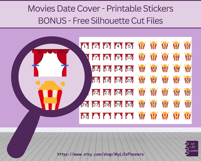 Date Cover Stickers, Movies, Countdown Stickers, Number Stickers, Planner Stickers, Printable, PDF Digital Download image 1