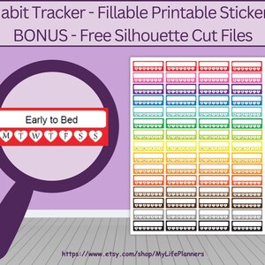 May include: A set of printable habit tracker stickers in a rainbow of colours. Each sticker has a blank space for writing a habit name and a row of hearts for marking days of the week. The text "Early to Bed" is written on one of the stickers as an example.