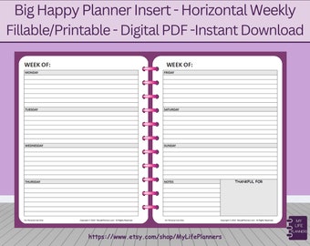 Semanal horizontal, rellenable, imprimible, sin fecha, inserto, inserto de planificador feliz GRANDE, descarga en PDF