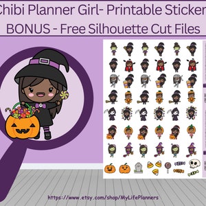 Halloween Dark Skin Chibi Planner Girl Printable Stickers, Planner Stickers, Printable Stickers, Letter 8.5 x 11, PDF Digital Download