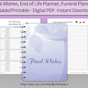 Final Wishes Planner, End of Life Planner, Funeral Planner, Burial Arrangements, Remembrance Kit, Planner Insert, Fillable, Printable, PDF