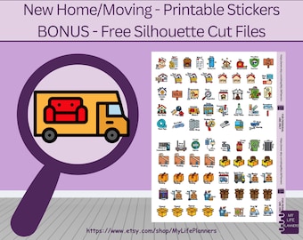 May include: A set of printable stickers featuring a variety of icons related to moving and new homes. The icons are colorful and include images of houses, boxes, furniture, and other moving-related items. The text "New Home/Moving - Printable Stickers" and "BONUS - Free Silhouette Cut Files" is displayed at the top of the image. The text "SOLD" and "OPEN" are visible on some of the icons. The text "FOR PERSONAL USE ONLY" is displayed on the right side of the image.