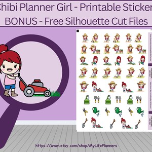 Pegatinas imprimibles de la chica pelirroja jardinera Chibi, pegatinas para planificador, pegatinas imprimibles, tamaño carta 8,5 x 11, descarga digital en PDF