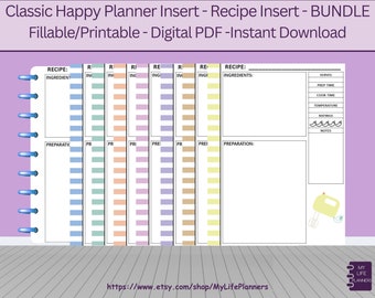 PAQUETE de inserción de recetas, rellenable, imprimible, inserción de planificador, inserción de recetas de Happy Planner CLÁSICO, organizador de recetas, descarga en PDF