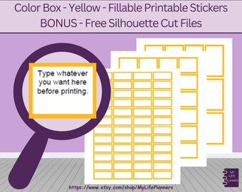 Pegatinas de caja de color amarillo, pegatinas del planificador, caja completa, media caja y cuarto de caja, pegatinas rellenables e imprimibles, planificador feliz clásico, PDF